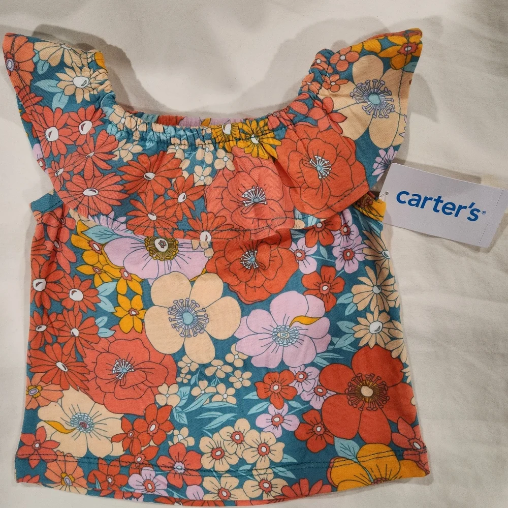 Carter's Girl's 2-Piece Orange Floral Yoke-Neck Top & Chambray Short Set 3M NWT - Picture 4 of 8